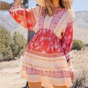 Terracotta Floral V-Neck Long-Sleeve A-Line